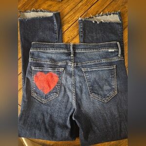 MOTHER Women's Step Hem Cropped Jeans in Dark Blue Red Heart pocket 29